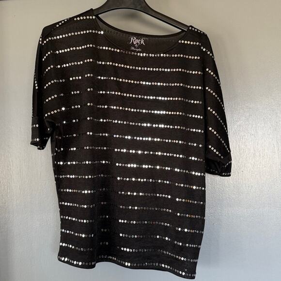 Rock 47 Black Silver Sequins Women's Pullover Knit Top Scoop Neck Short Sleeve M - Picture 1 of 5